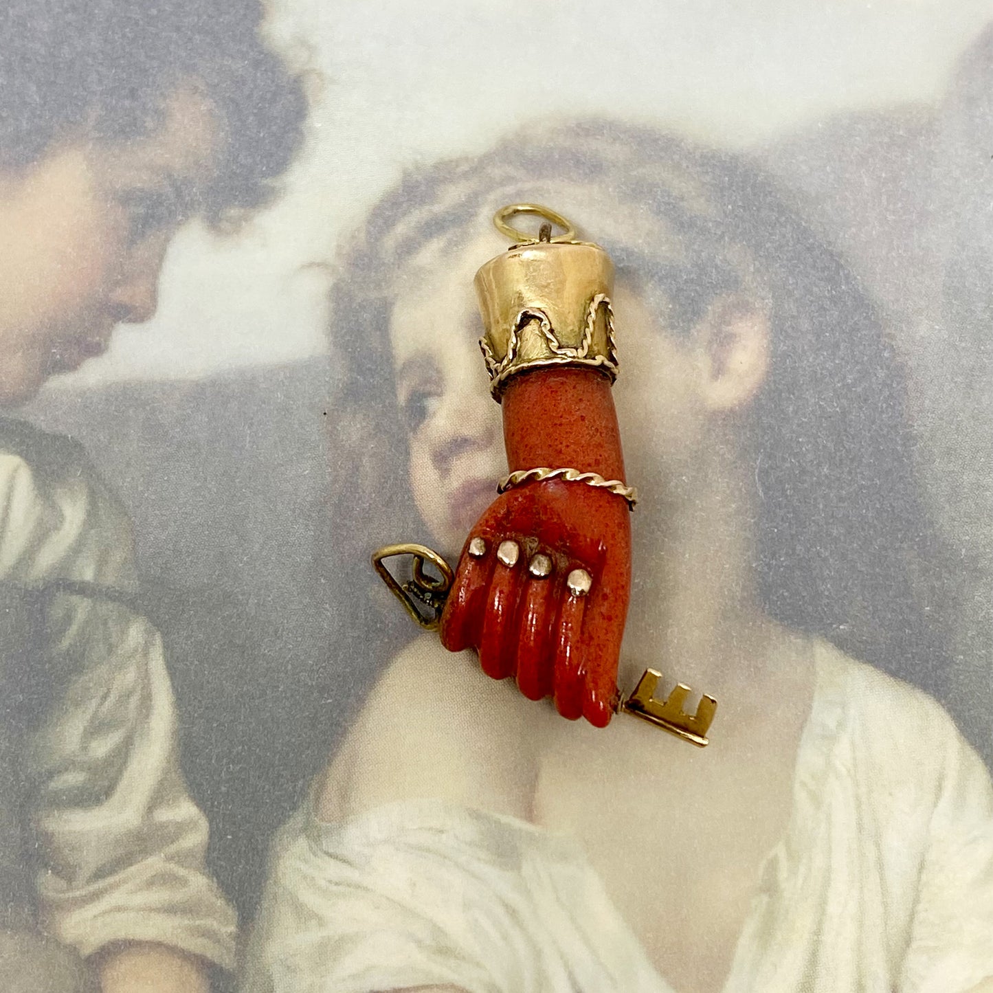 Antique 18K Gold Figa, 1940s, Orange Bakelite Figa Charm