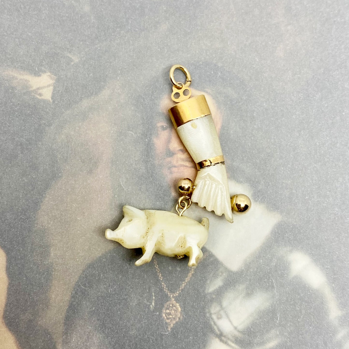 Vintage 14K Figa, Carved Mother Of Pearl, Mano Fico, Lucky Figa Charm