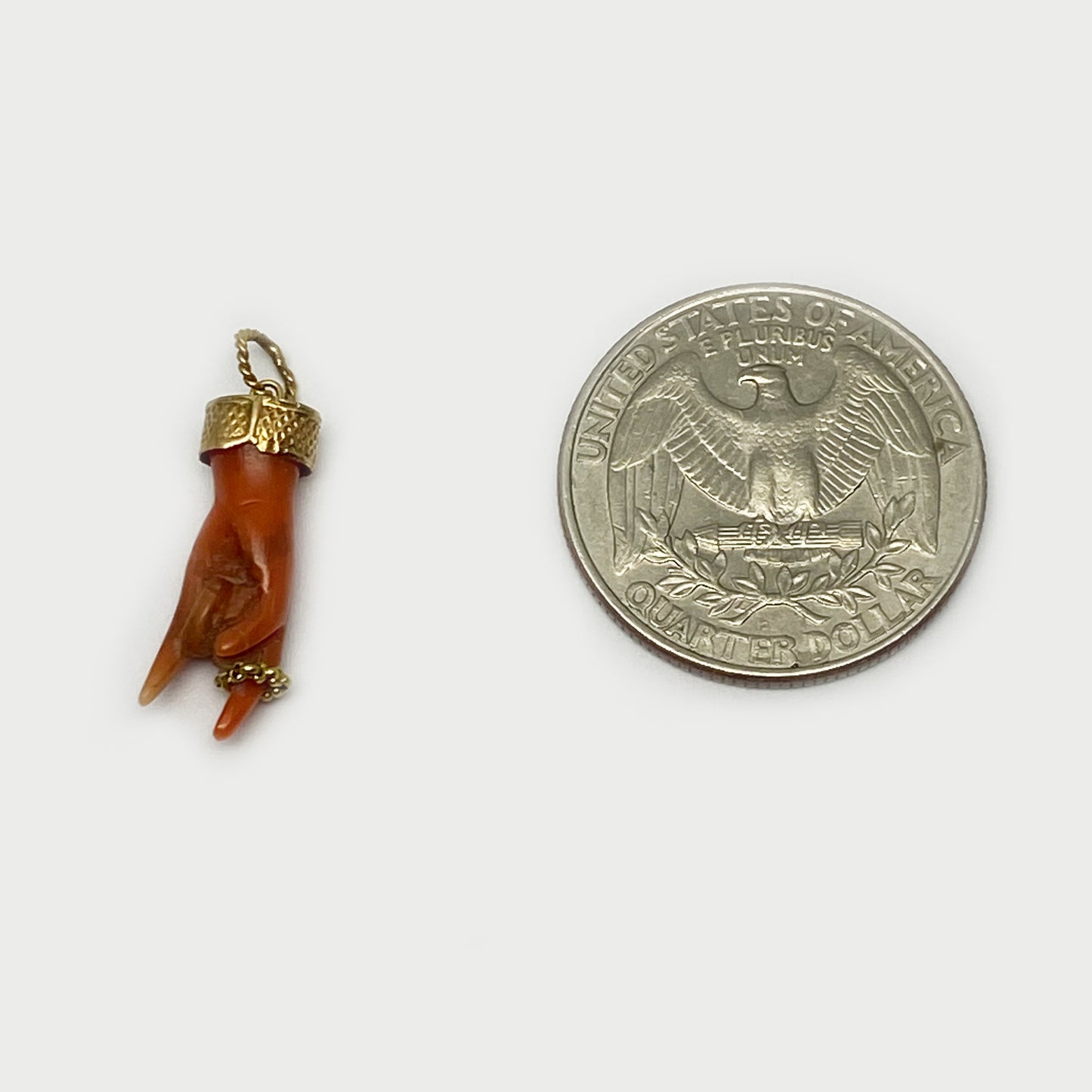 Antique 9k Coral Horned Hand, 9ct Gold Natural Mediterranean Coral, Lucky Charm, Victorian, Figa Charm, Sign of Horn, Mano Cornuto, Evil Eye
