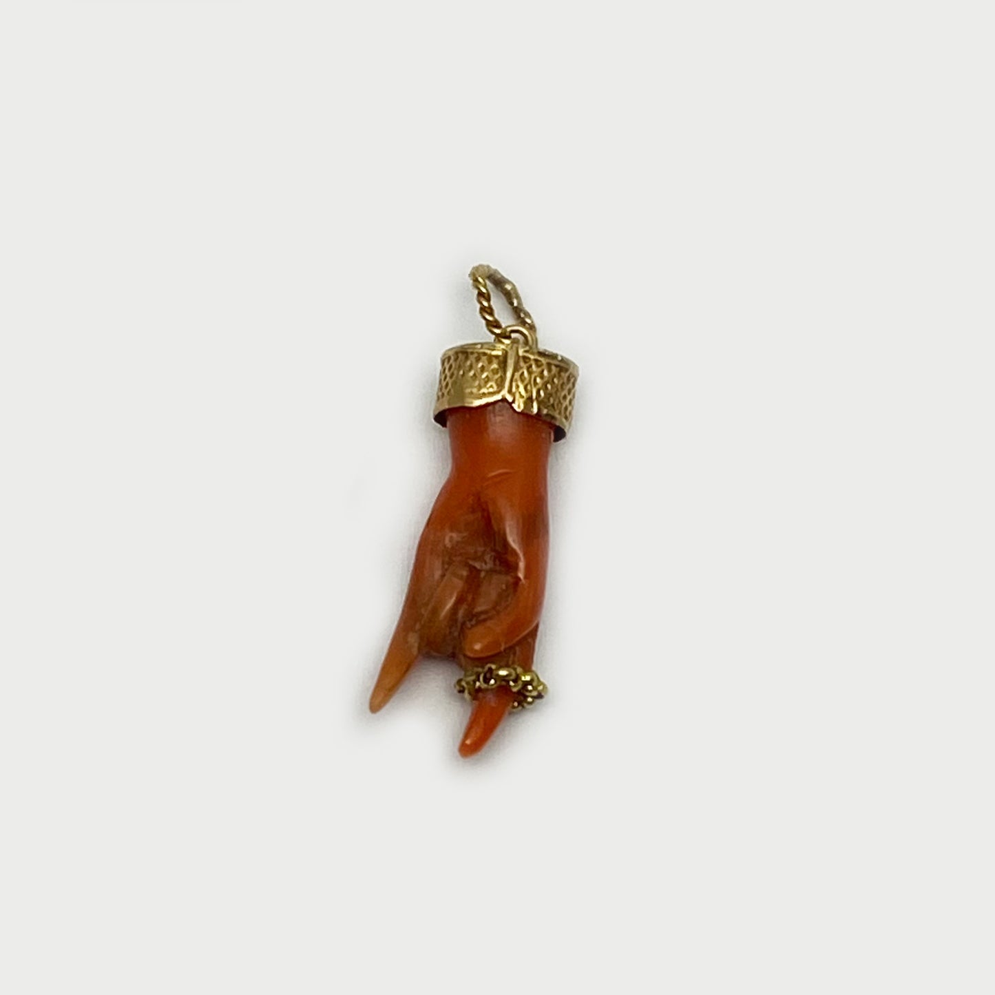 Antique 9k Coral Horned Hand, 9ct Gold Natural Mediterranean Coral, Lucky Charm, Victorian, Figa Charm, Sign of Horn, Mano Cornuto, Evil Eye