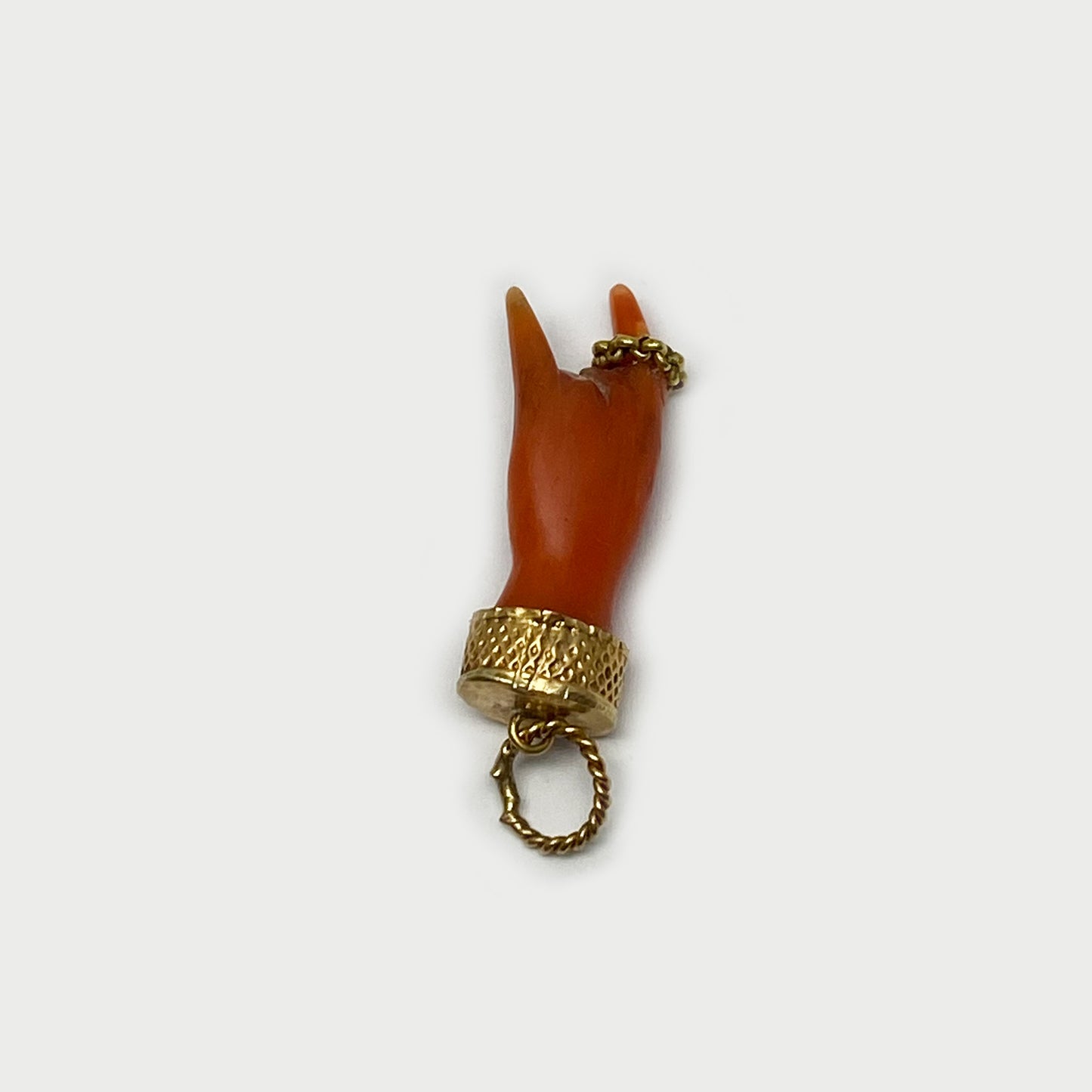 Antique 9k Coral Horned Hand, 9ct Gold Natural Mediterranean Coral, Lucky Charm, Victorian, Figa Charm, Sign of Horn, Mano Cornuto, Evil Eye