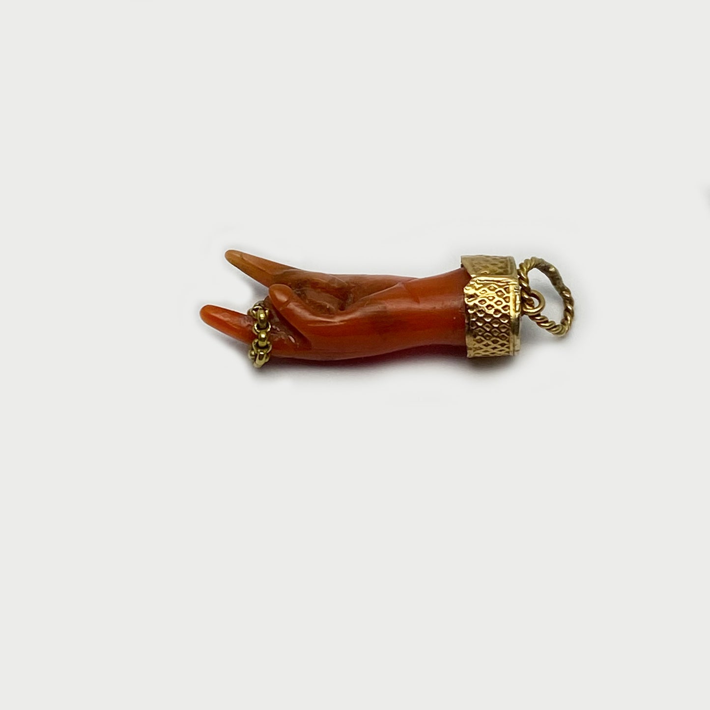 Antique 9k Coral Horned Hand, 9ct Gold Natural Mediterranean Coral, Lucky Charm, Victorian, Figa Charm, Sign of Horn, Mano Cornuto, Evil Eye