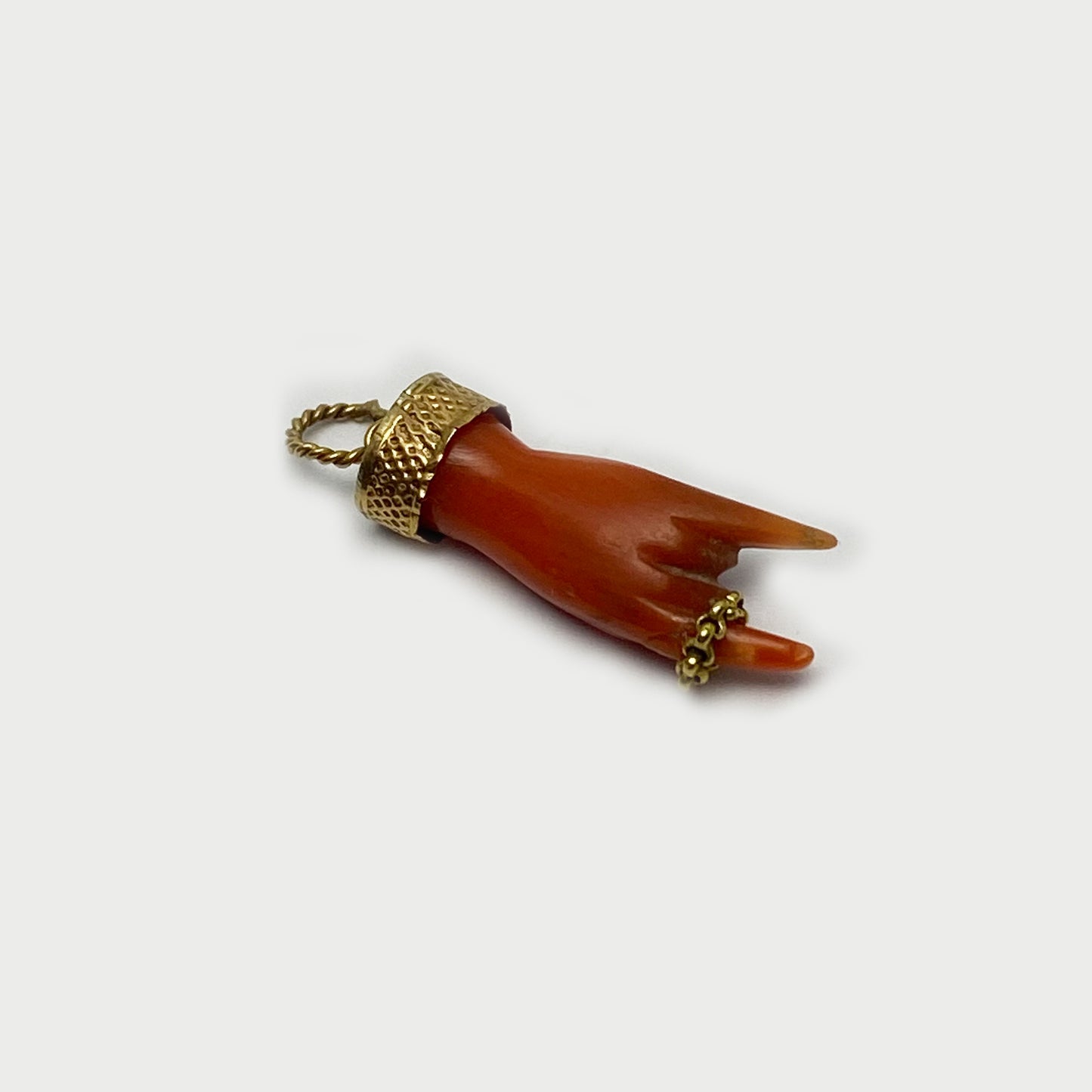 Antique 9k Coral Horned Hand, 9ct Gold Natural Mediterranean Coral, Lucky Charm, Victorian, Figa Charm, Sign of Horn, Mano Cornuto, Evil Eye