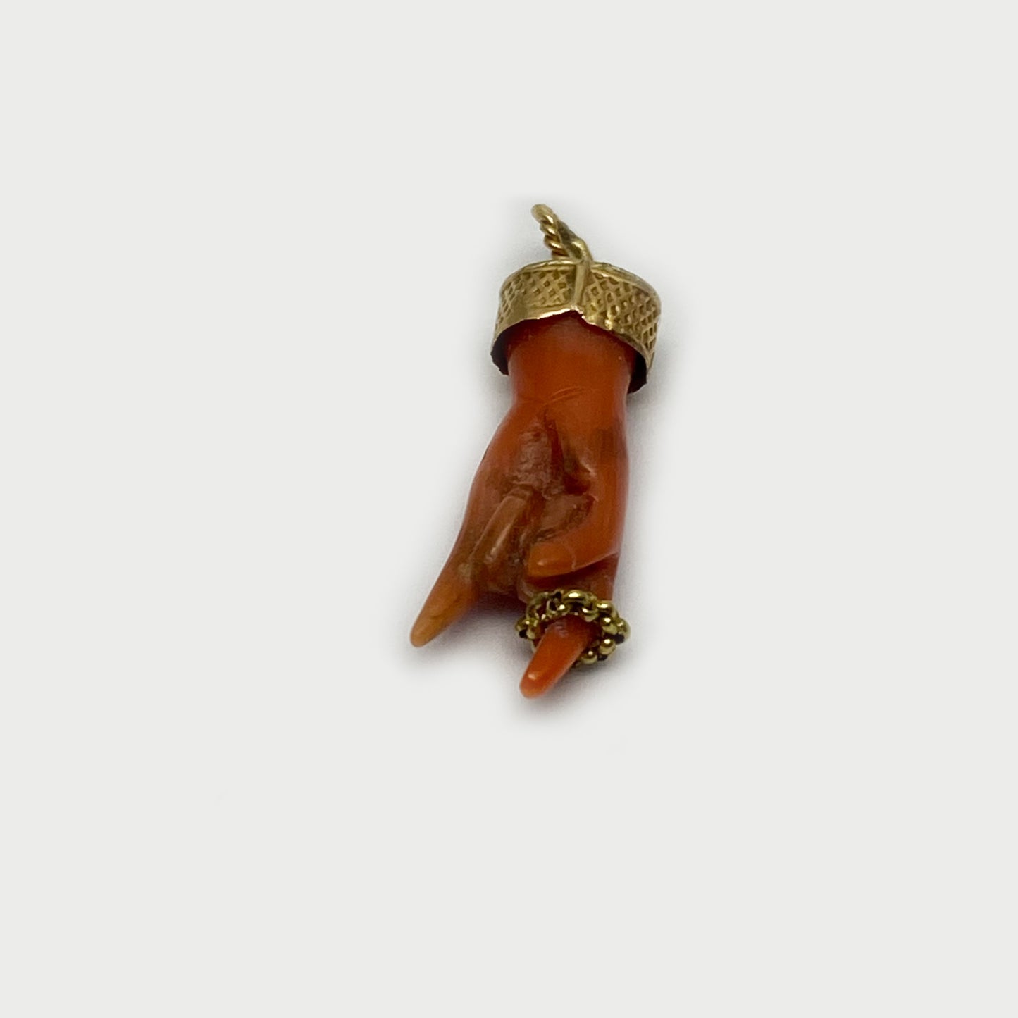 Antique 9k Coral Horned Hand, 9ct Gold Natural Mediterranean Coral, Lucky Charm, Victorian, Figa Charm, Sign of Horn, Mano Cornuto, Evil Eye