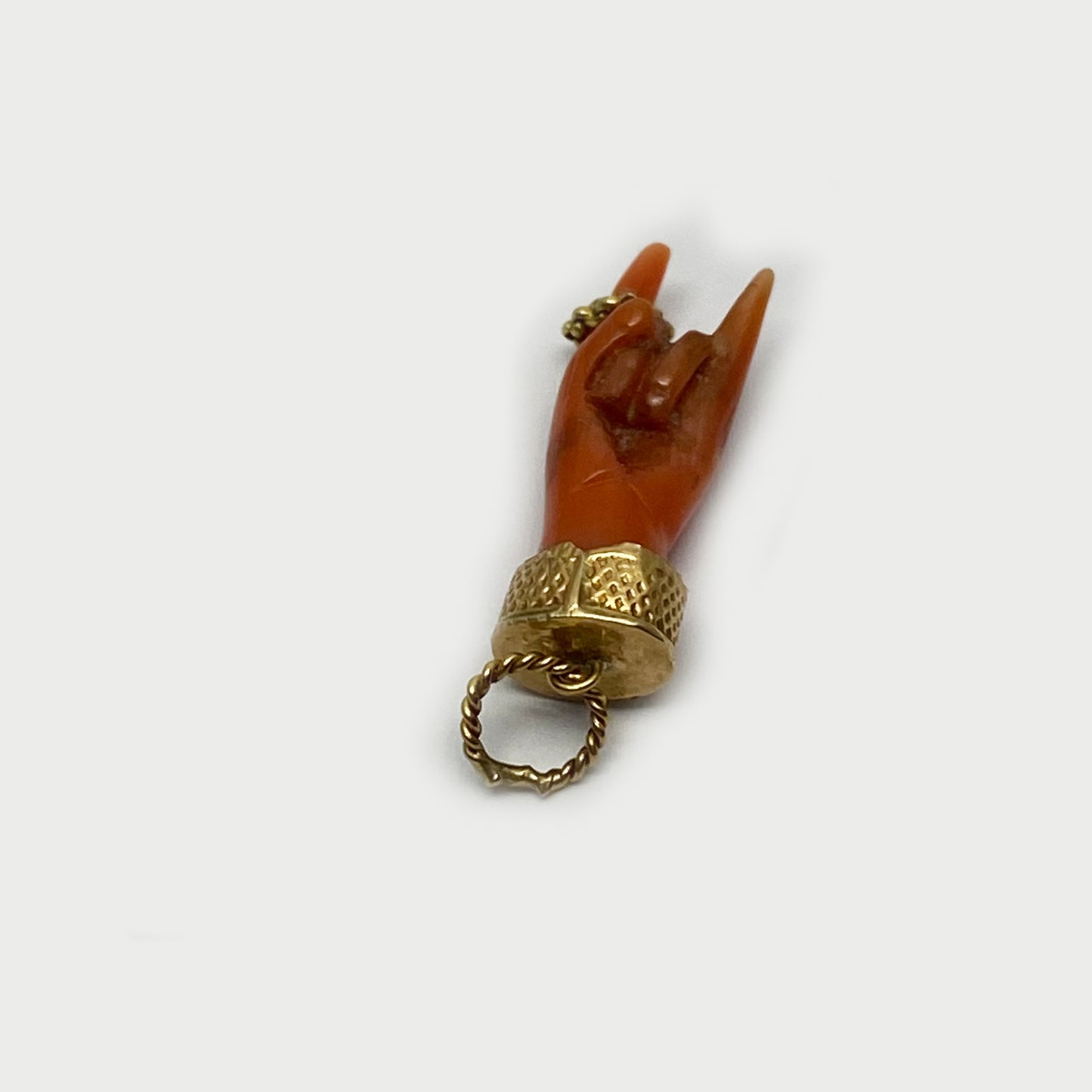 Antique 9k Coral Horned Hand, 9ct Gold Natural Mediterranean Coral, Lucky Charm, Victorian, Figa Charm, Sign of Horn, Mano Cornuto, Evil Eye
