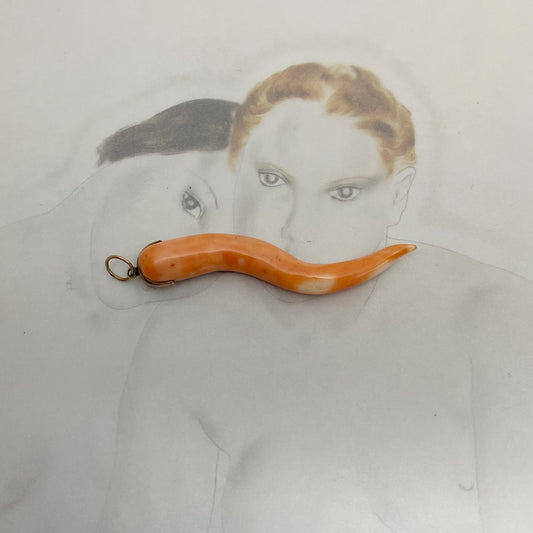 Antique 10k Gold Large Coral Horn Pendant