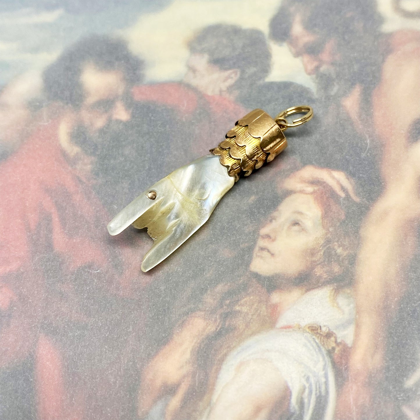 Antique 14k Gold Mother of Pearl Horned Hand Figa Charm