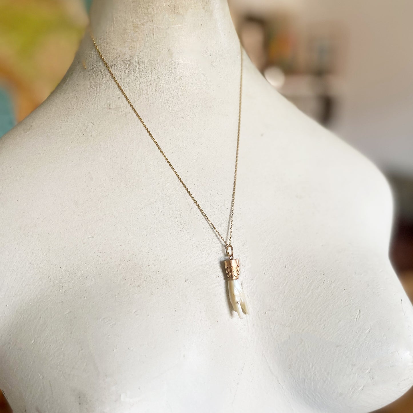 Antique 14k Gold Mother of Pearl Horned Hand Figa Charm