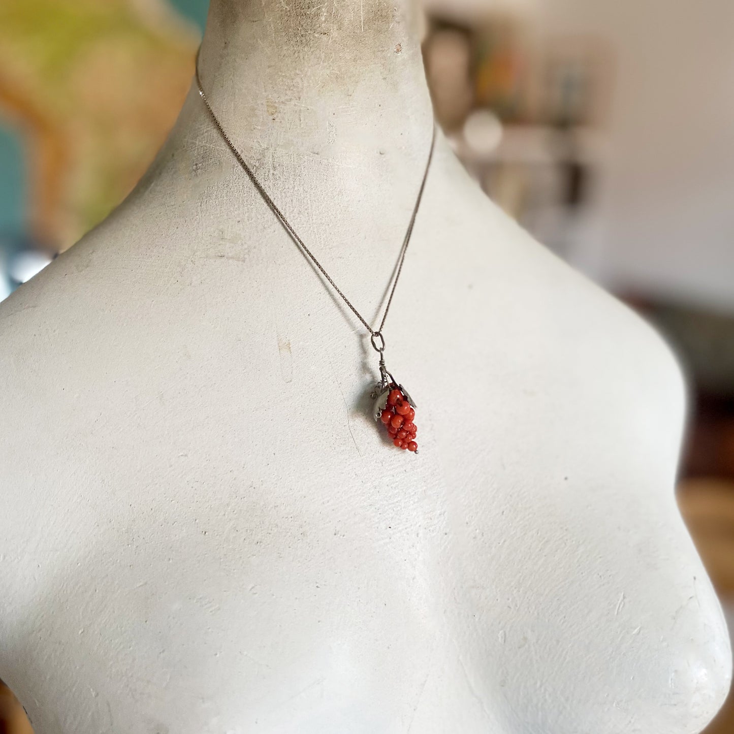 Antique Coral Grape Silver Pendant,