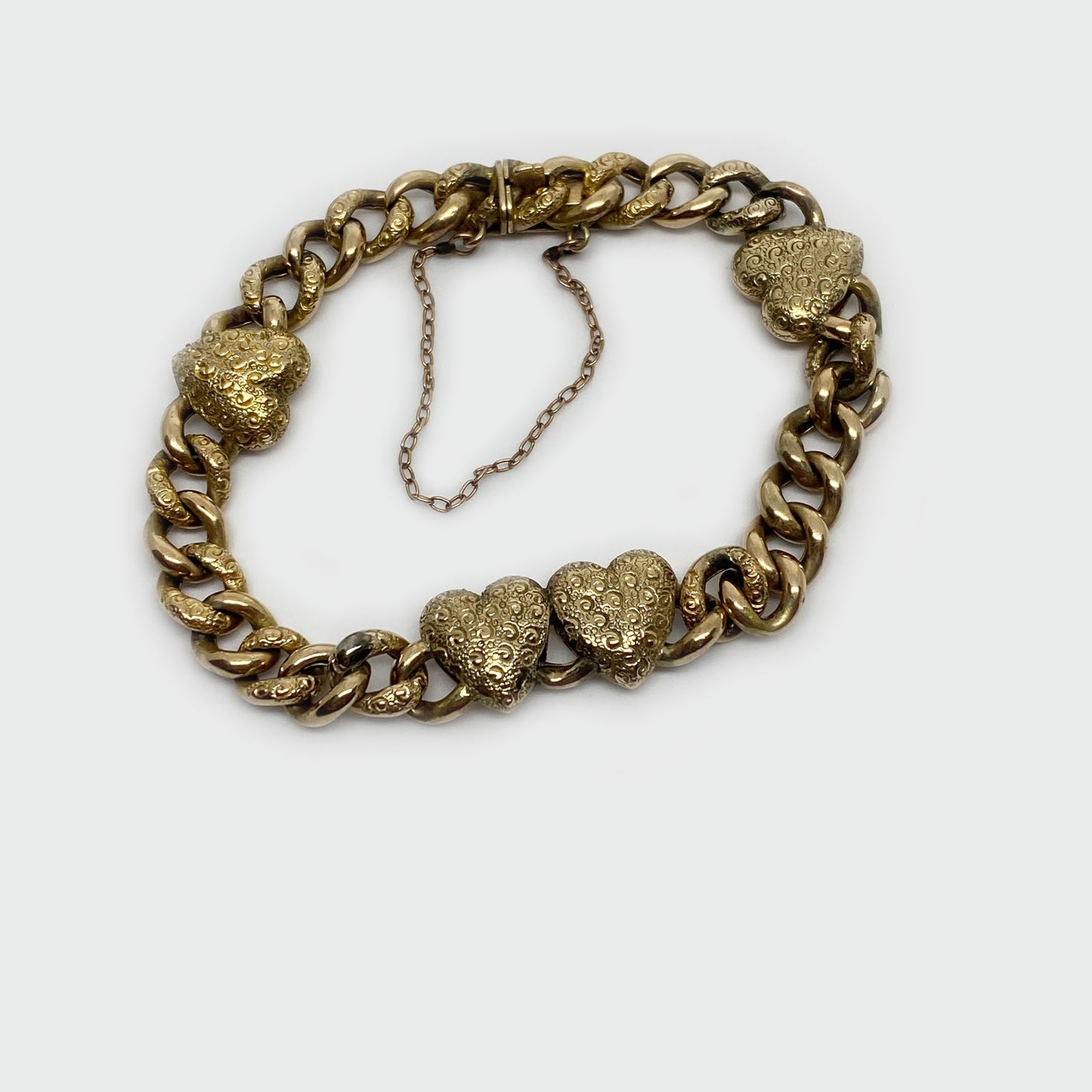 Antique 9k Gold Heart Curb Bracelet, Engraved Heart Jewelry