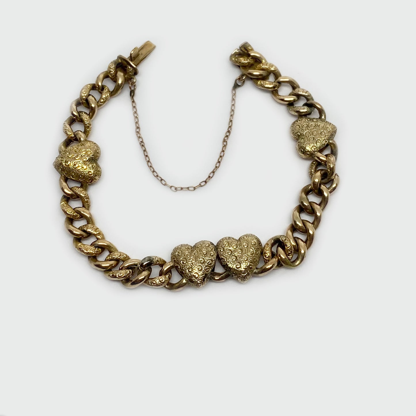 Antique 9k Gold Heart Curb Bracelet, Engraved Heart Jewelry