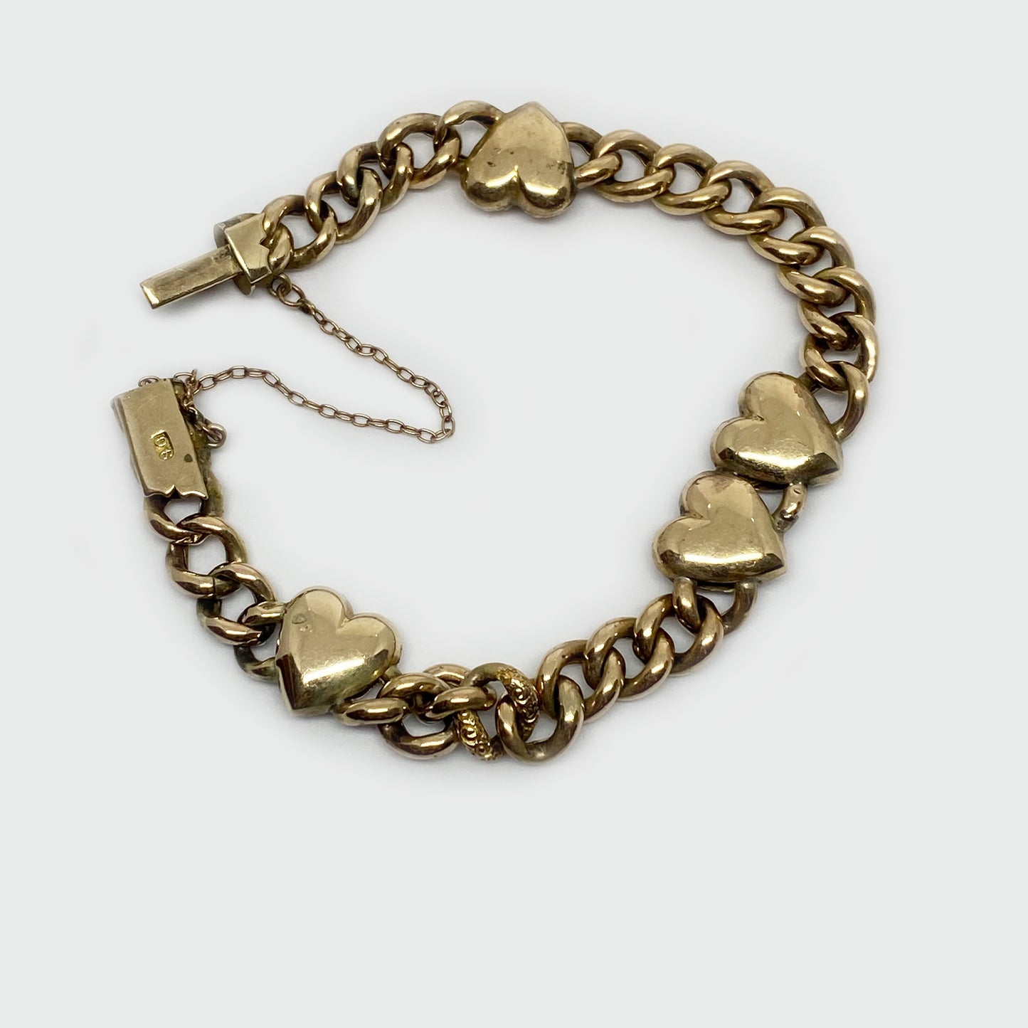 Antique 9k Gold Heart Curb Bracelet, Engraved Heart Jewelry