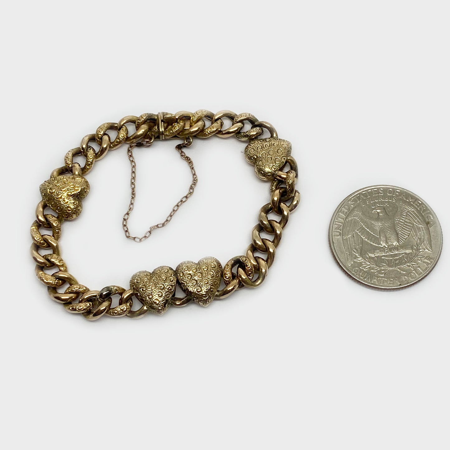 Antique 9k Gold Heart Curb Bracelet, Engraved Heart Jewelry