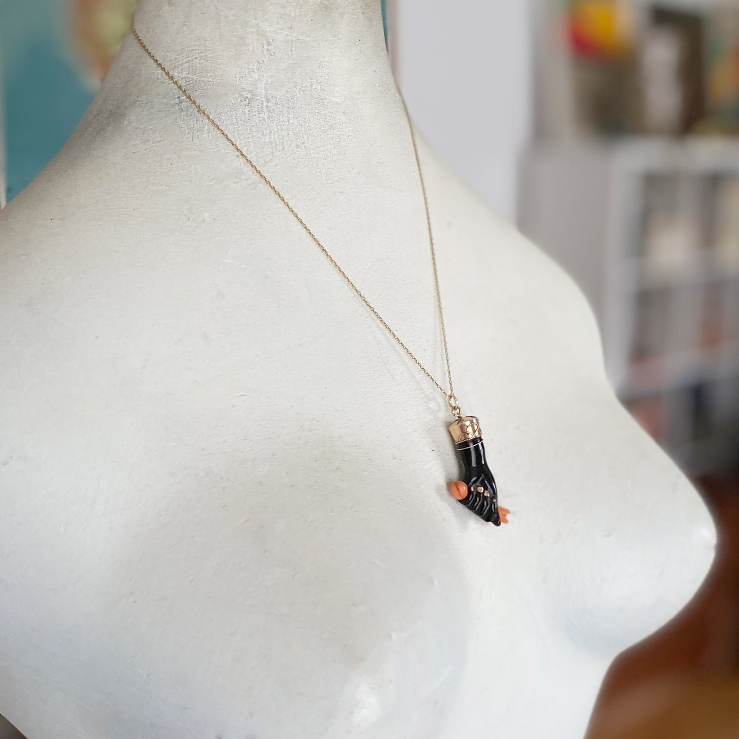 Antique 9K Gold Figa, Black Mano Fico, Hand Figa Charm