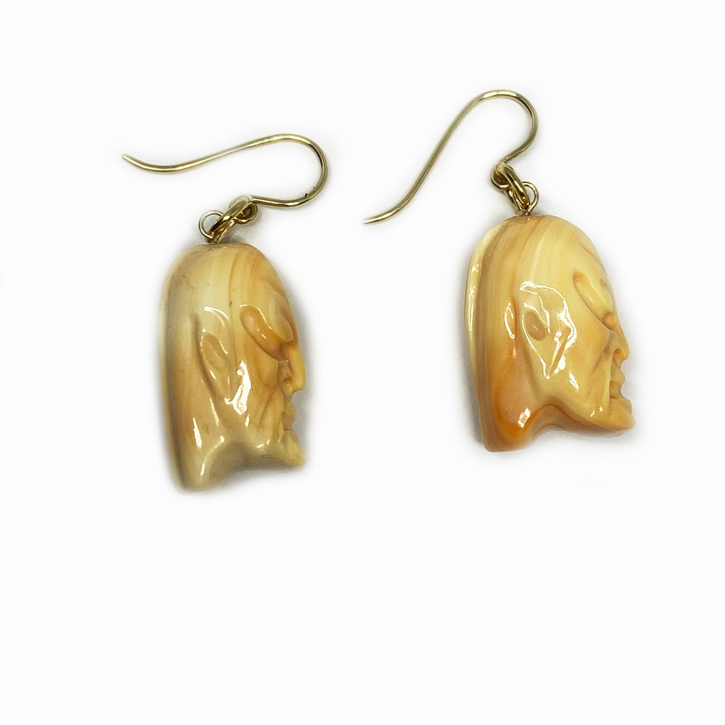 Vintage 9K Gold Natural Coral Earring, Carved Asian Face, Early 20th Century Gods Head, Chinese Carved Coral, 9 ct Drop Earrings, Wise Man