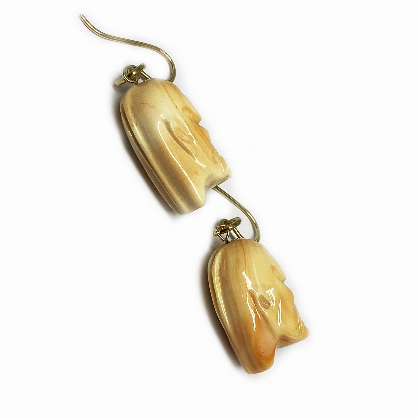 Vintage 9K Gold Natural Coral Earring, Carved Asian Face, Early 20th Century Gods Head, Chinese Carved Coral, 9 ct Drop Earrings, Wise Man