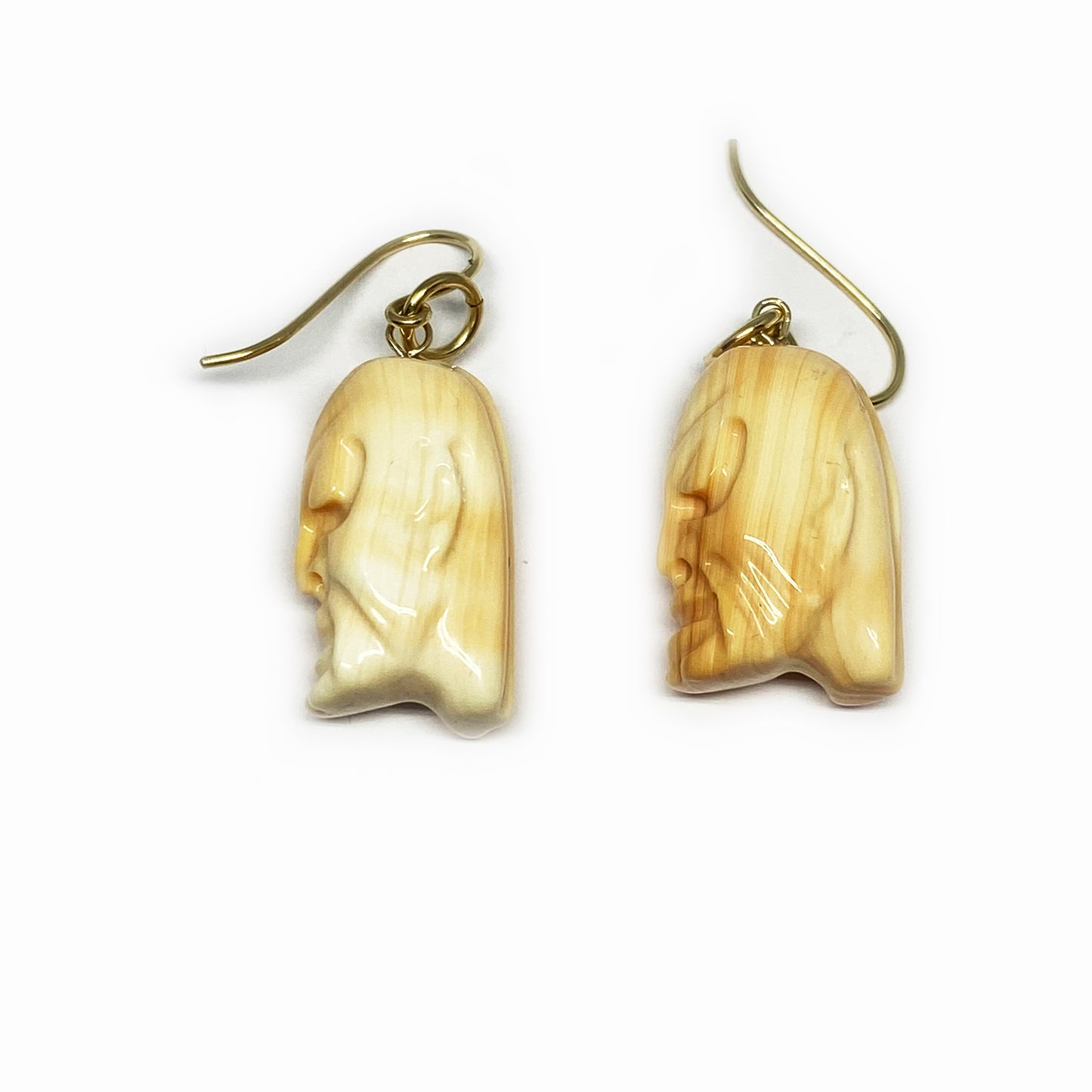 Vintage 9K Gold Natural Coral Earring, Carved Asian Face, Early 20th Century Gods Head, Chinese Carved Coral, 9 ct Drop Earrings, Wise Man
