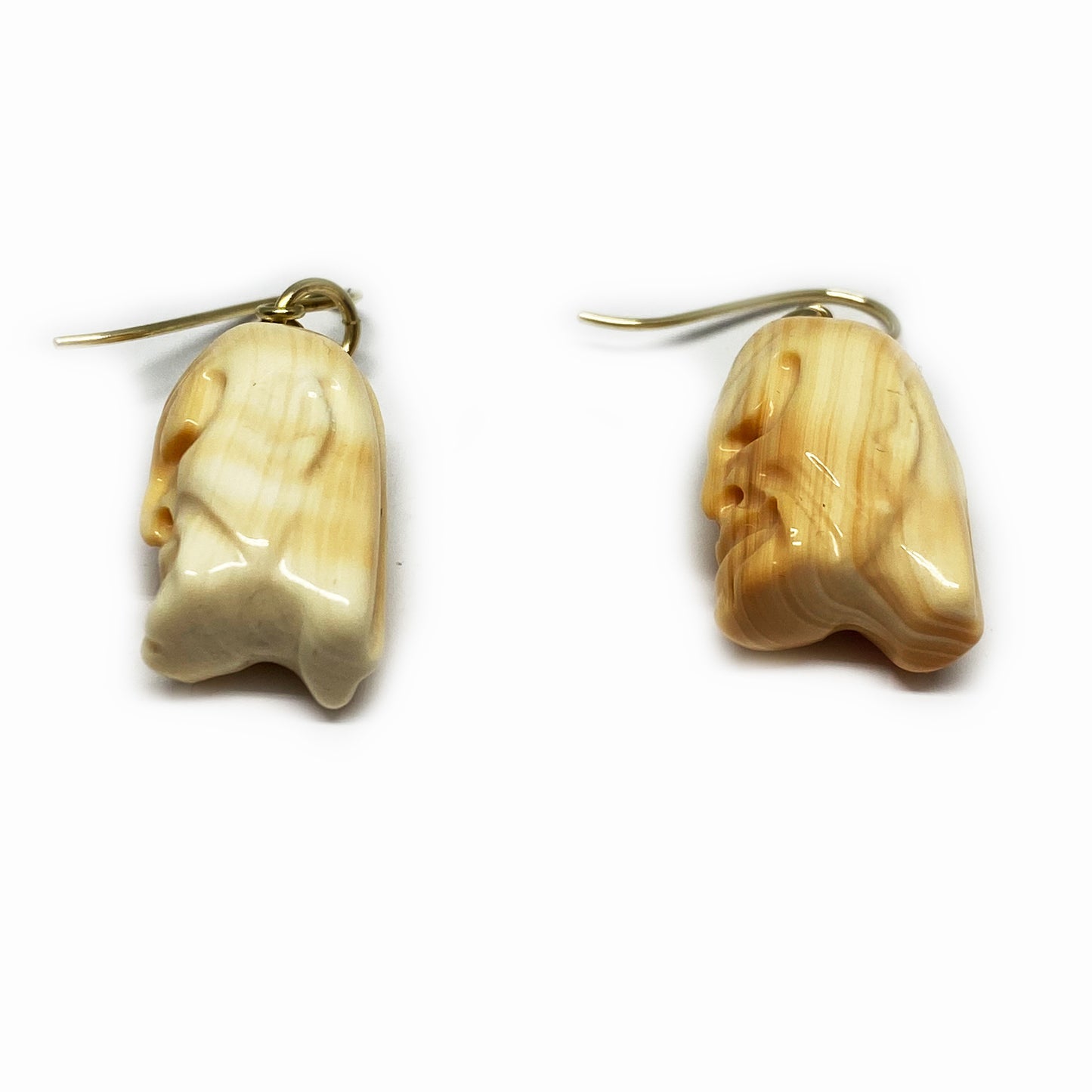 Vintage 9K Gold Natural Coral Earring, Carved Asian Face, Early 20th Century Gods Head, Chinese Carved Coral, 9 ct Drop Earrings, Wise Man