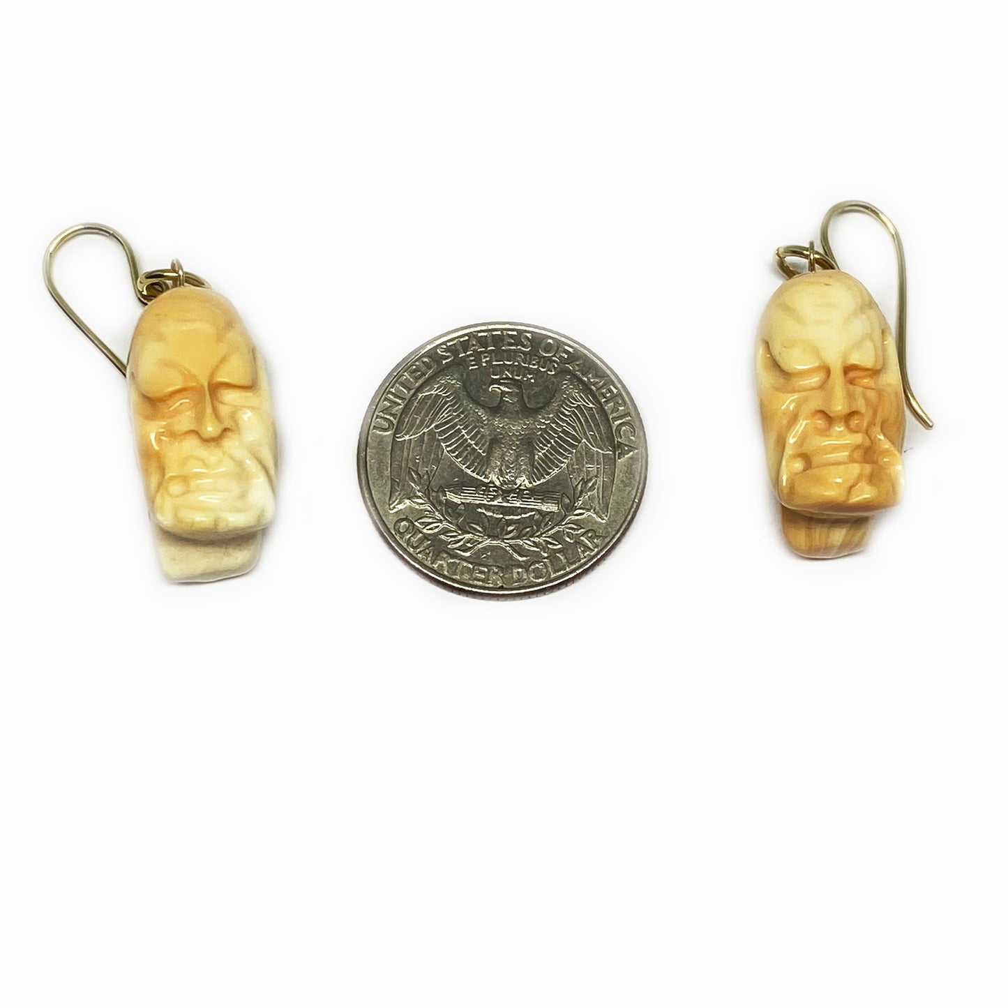 Vintage 9K Gold Natural Coral Earring, Carved Asian Face, Early 20th Century Gods Head, Chinese Carved Coral, 9 ct Drop Earrings, Wise Man