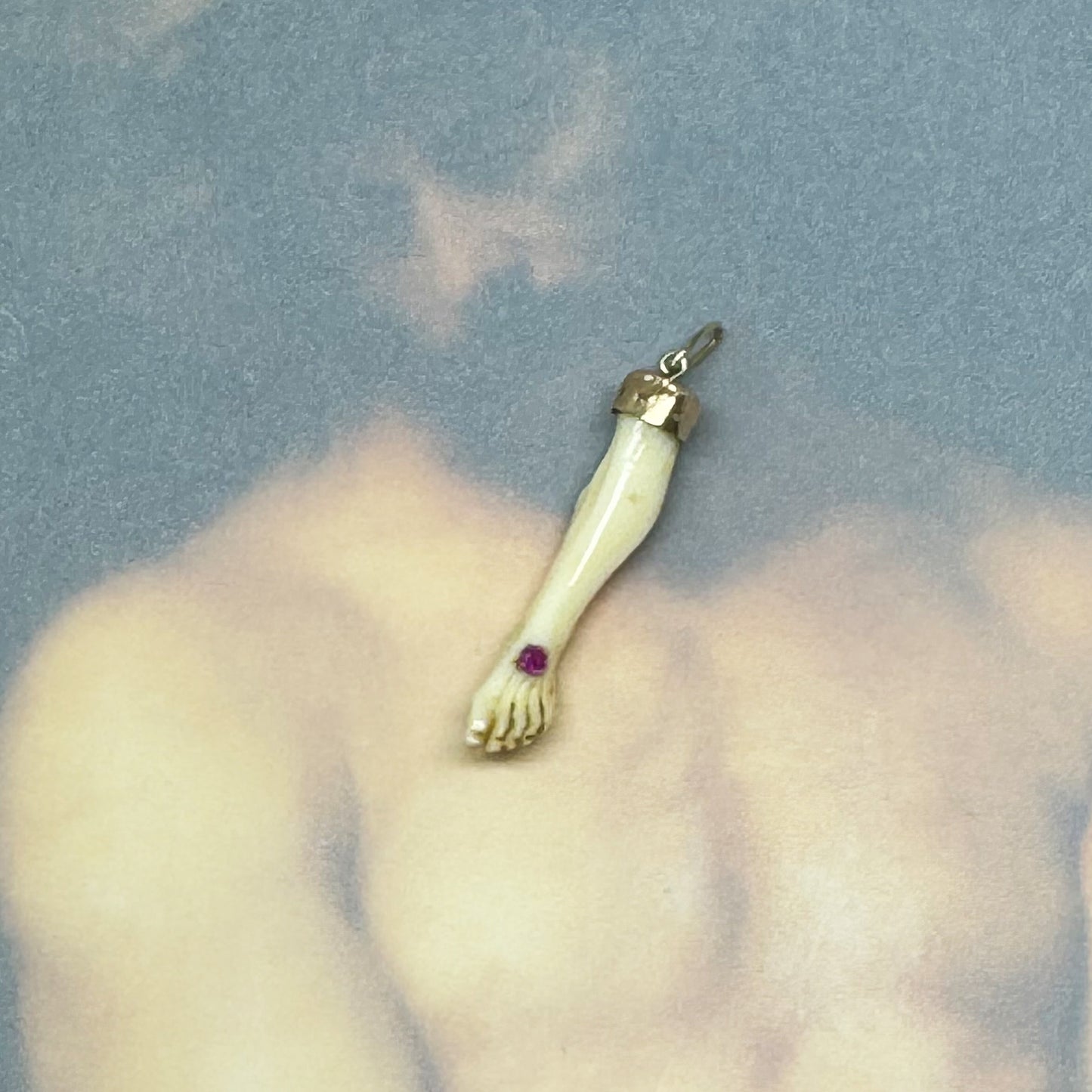 Antique 9K Gold Bone Leg Pendant, Victorian Pendant, Stigmata, 1800's Foot Charm, Christ Leg, Ruby, Anatomy Jewelry, Body Part Pendant