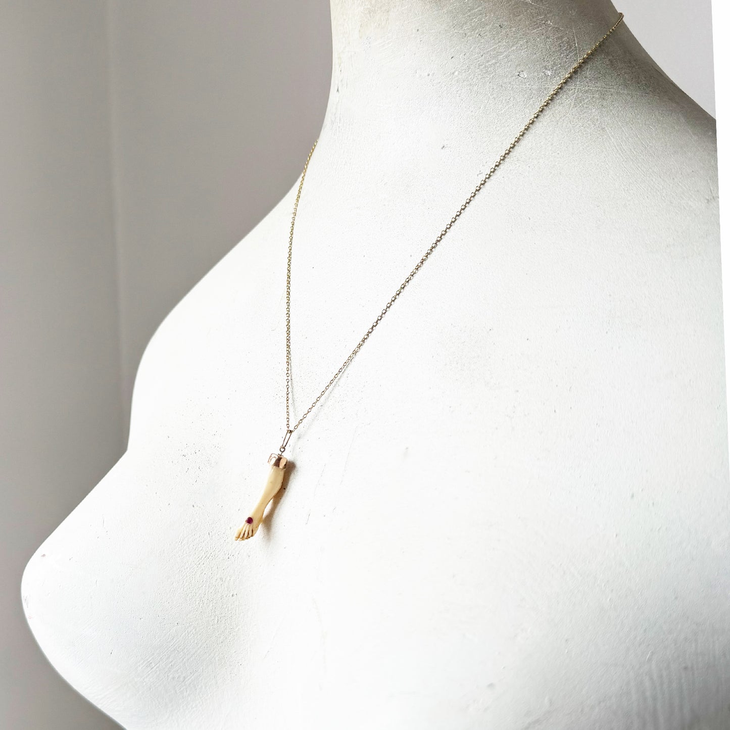 Antique 9K Gold Bone Leg Pendant, Victorian Pendant, Stigmata, 1800's Foot Charm, Christ Leg, Ruby, Anatomy Jewelry, Body Part Pendant
