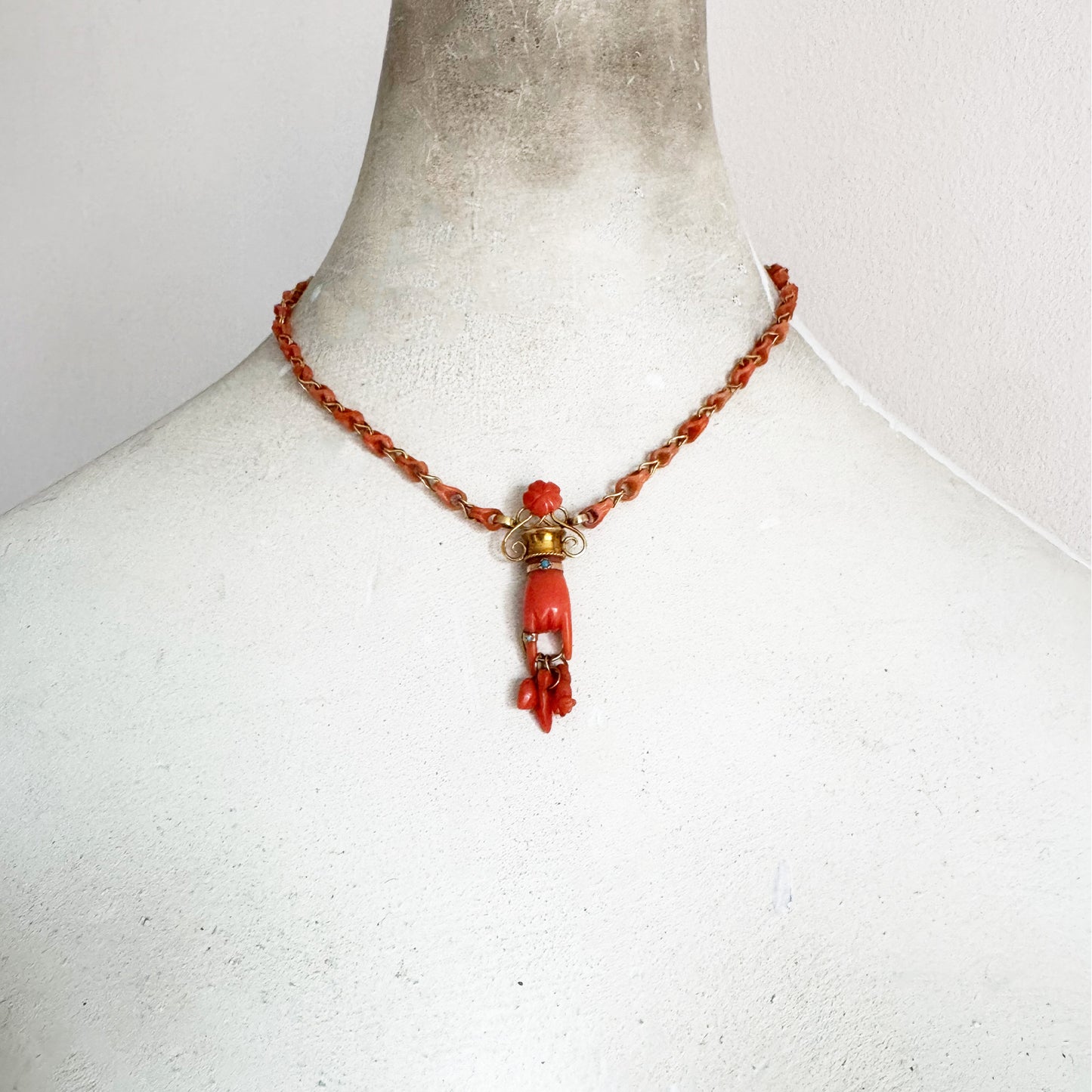 Antique 14k Gold Coral Figa Necklace, Mano Cornuta Amulet, Etruscan Revival Gold Chain, Lucky Horned Hand Pendant, Rare Victorian Choker