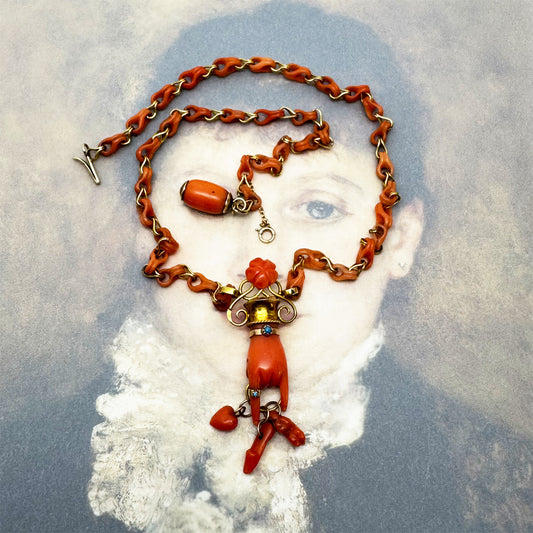 Antique 14k Gold Coral Figa Necklace, Mano Cornuta Amulet, Etruscan Revival Gold Chain, Lucky Horned Hand Pendant, Rare Victorian Choker
