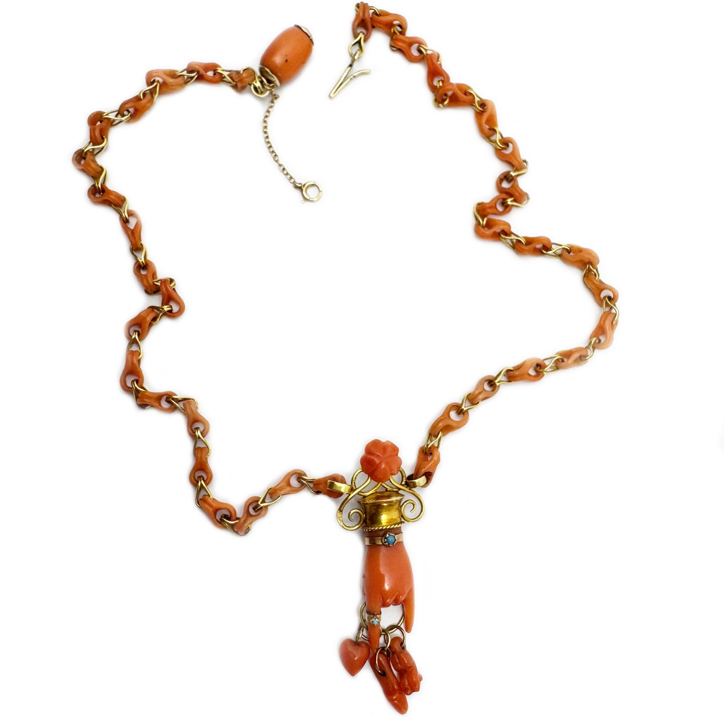 Antique 14k Gold Coral Figa Necklace, Mano Cornuta Amulet, Etruscan Revival Gold Chain, Lucky Horned Hand Pendant, Rare Victorian Choker
