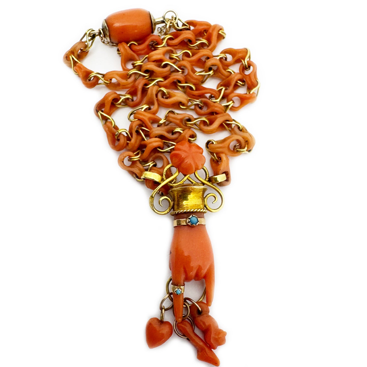 Antique 14k Gold Coral Figa Necklace, Mano Cornuta Amulet, Etruscan Revival Gold Chain, Lucky Horned Hand Pendant, Rare Victorian Choker