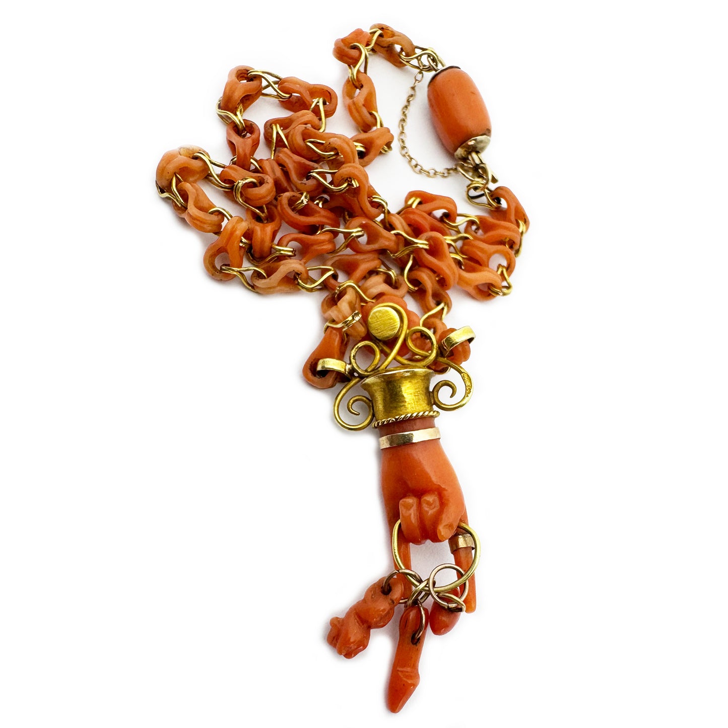 Antique 14k Gold Coral Figa Necklace, Mano Cornuta Amulet, Etruscan Revival Gold Chain, Lucky Horned Hand Pendant, Rare Victorian Choker