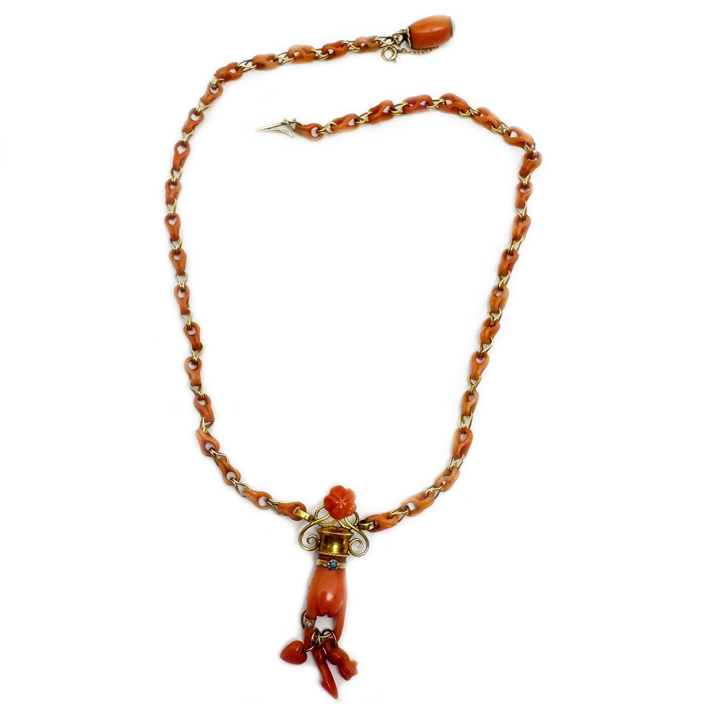 Antique 14k Gold Coral Figa Necklace, Mano Cornuta Amulet, Etruscan Revival Gold Chain, Lucky Horned Hand Pendant, Rare Victorian Choker