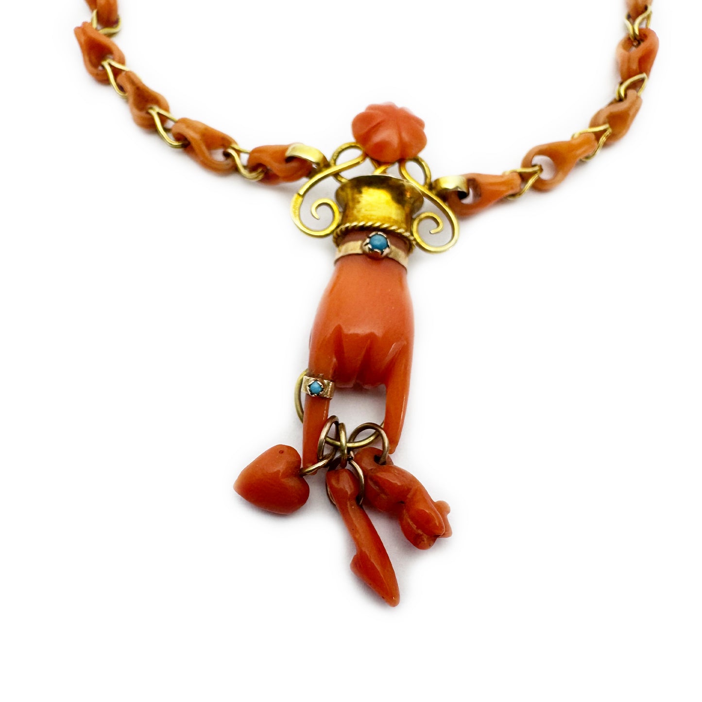 Antique 14k Gold Coral Figa Necklace, Mano Cornuta Amulet, Etruscan Revival Gold Chain, Lucky Horned Hand Pendant, Rare Victorian Choker