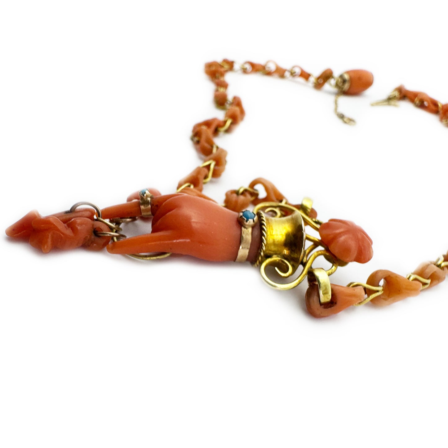 Antique 14k Gold Coral Figa Necklace, Mano Cornuta Amulet, Etruscan Revival Gold Chain, Lucky Horned Hand Pendant, Rare Victorian Choker