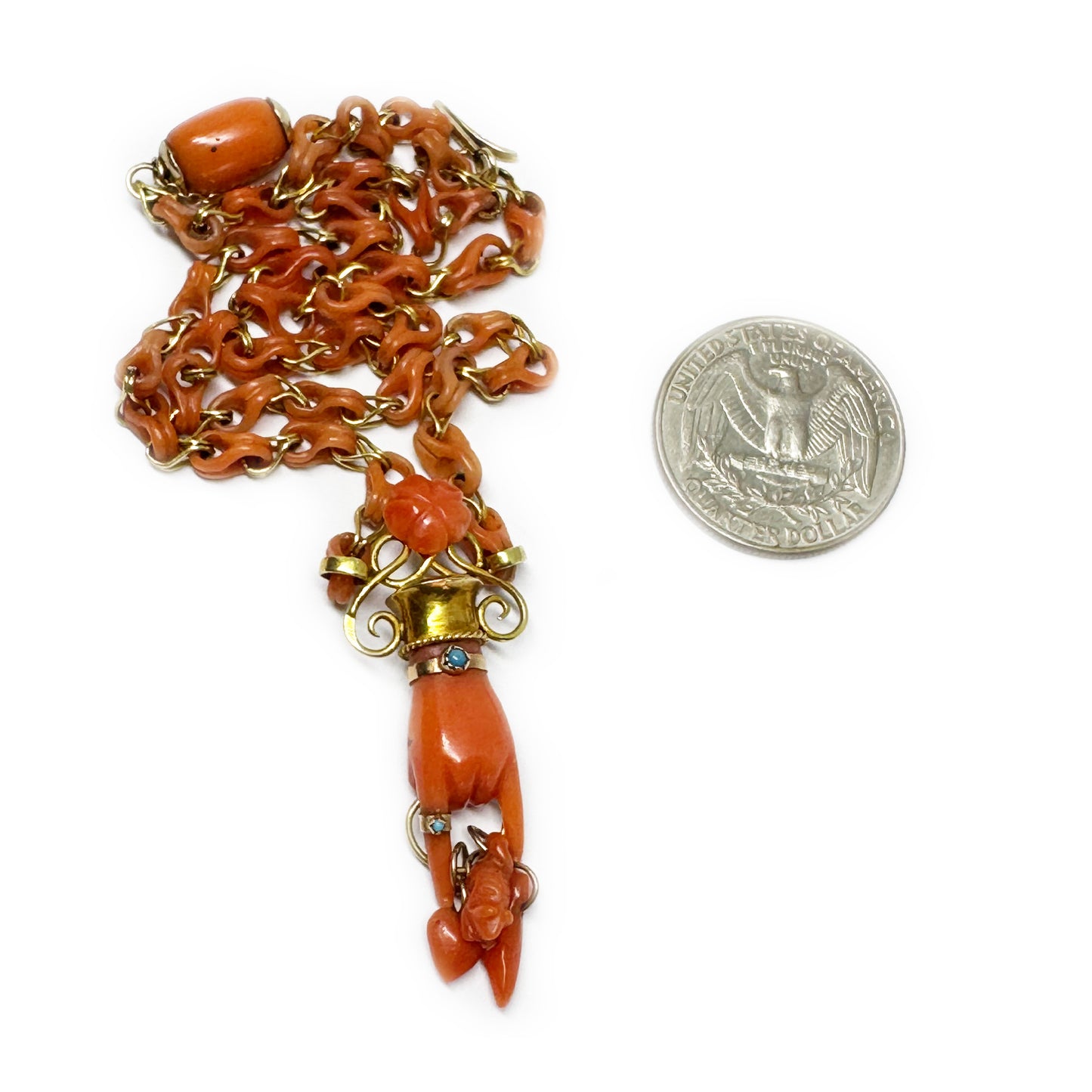 Antique 14k Gold Coral Figa Necklace, Mano Cornuta Amulet, Etruscan Revival Gold Chain, Lucky Horned Hand Pendant, Rare Victorian Choker