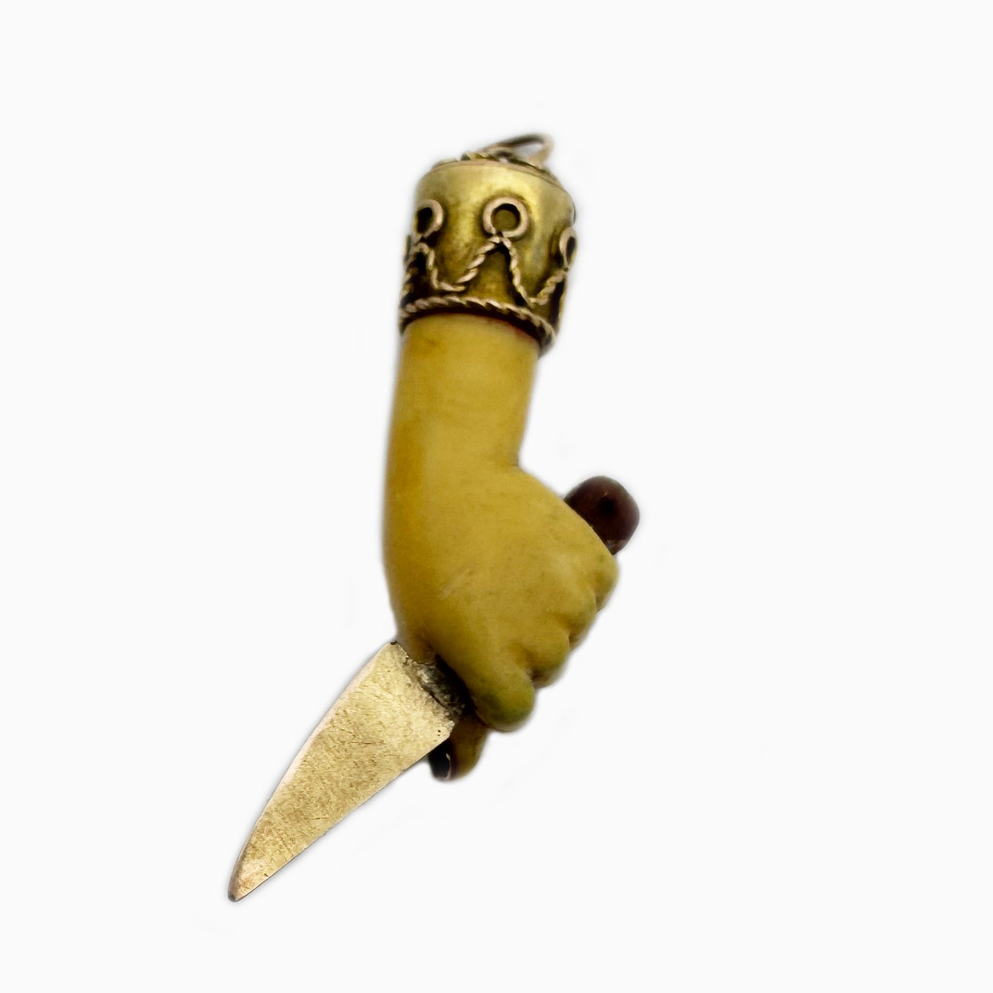 Vintage 9k Gold Mano Figa Pendant with Knife – 1950s Resin Fist Amulet – Italian Gold Talisman Figa Charm