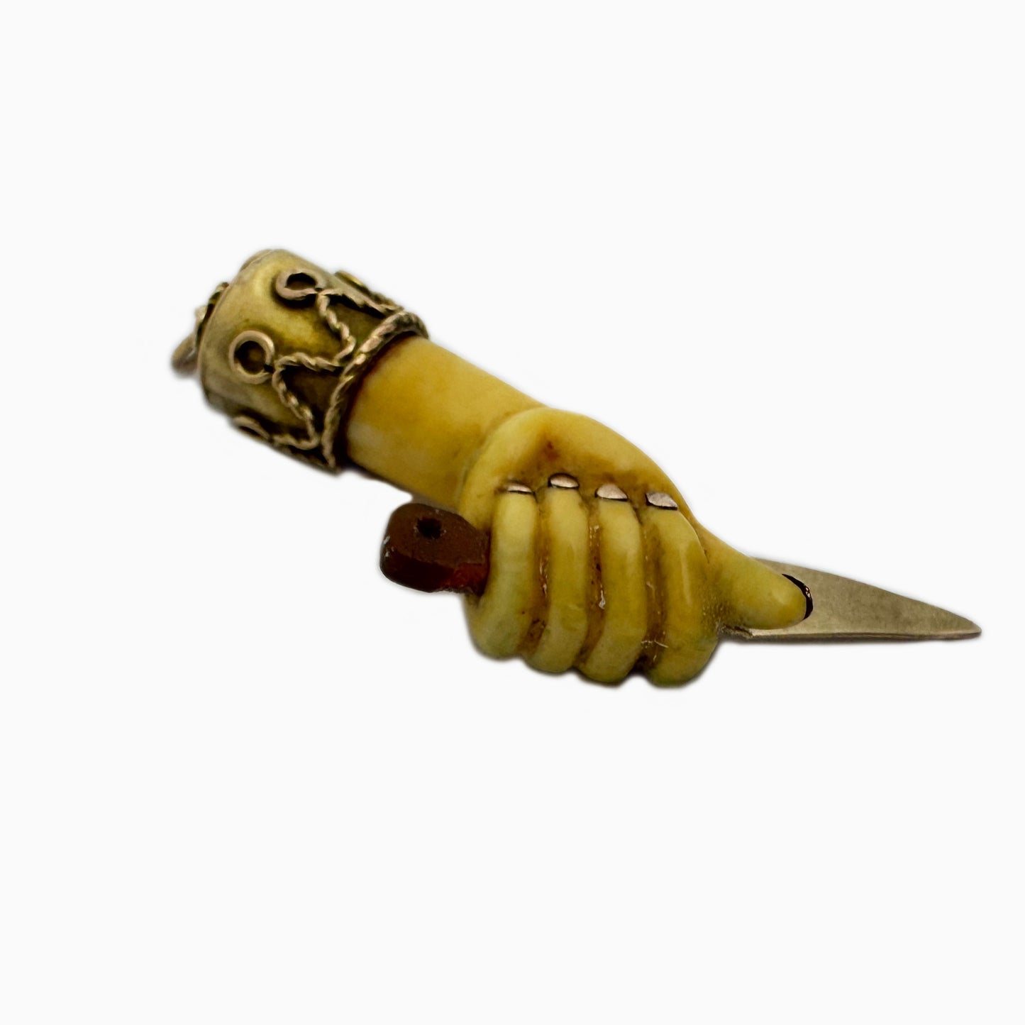Vintage 9k Gold Mano Figa Pendant with Knife – 1950s Resin Fist Amulet – Italian Gold Talisman Figa Charm