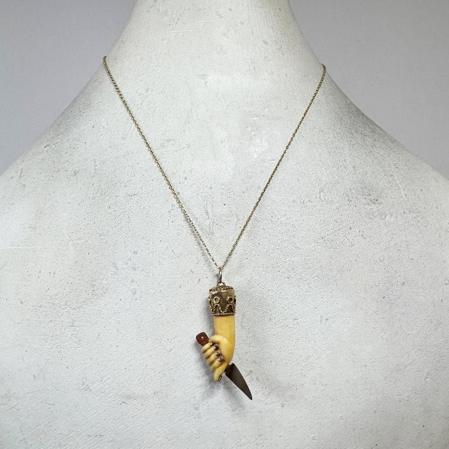 Vintage 9k Gold Mano Figa Pendant with Knife – 1950s Resin Fist Amulet – Italian Gold Talisman Figa Charm