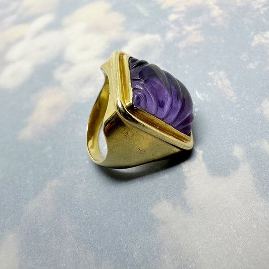 Vintage 18k Gold Amethyst Ring, Midcentury Burle Marx Style, 1960s Carved Gold Ring, Brazilian 1950s Statement Jewellery 10.7 Grams
