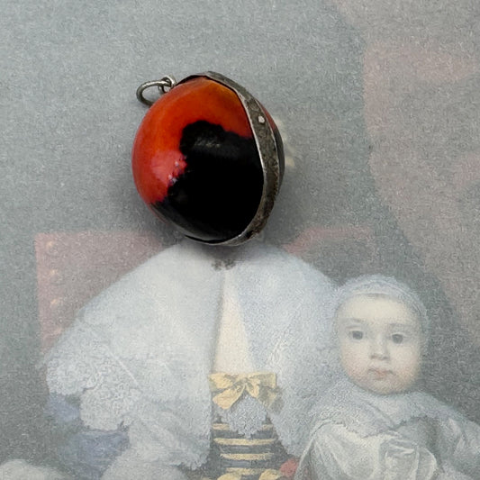 Rare Antique Silver Peruvian Wairuru Seed Charm, 1800s Pendant Good Luck Amulet, Crab Eye, Sailors Valentine, Victorian Lucky Seed