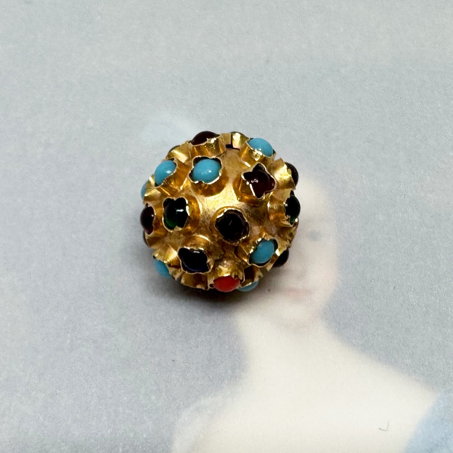 Vintage 19.2k Gold Sputnik Charm Pendant, Portuguese Orb with Coral & Multi-Gemstones, 1970s Solid Portuguese Gold 3D Ball