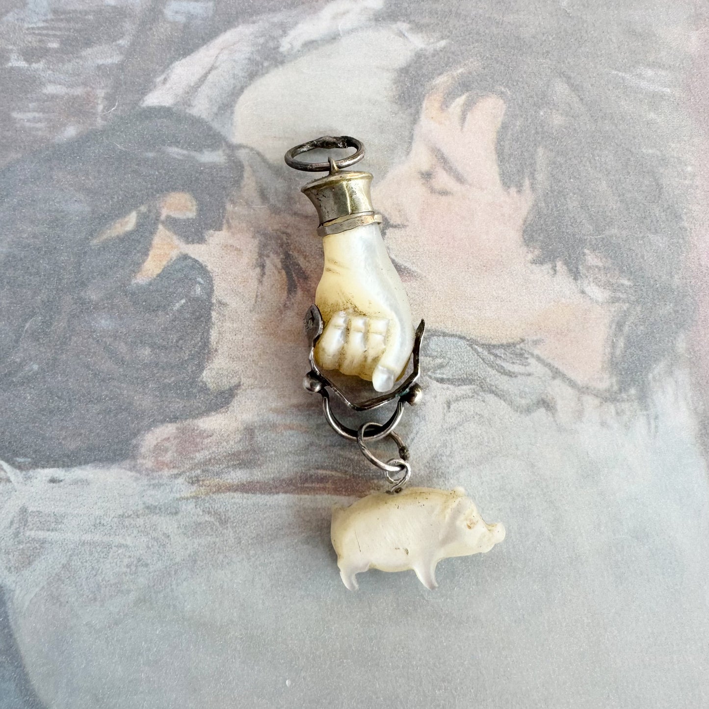 Antique Figa, Carved Mother Of Pearl, Silver Lucky Charm, Fist, Hand Pendant, Amulet, Figa Charm, Mano Figa, Victorian Charm with Pig