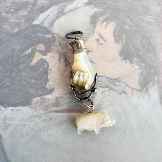 Antique Figa, Carved Mother Of Pearl, Silver Lucky Charm, Fist, Hand Pendant, Amulet, Figa Charm, Mano Figa, Victorian Charm with Pig