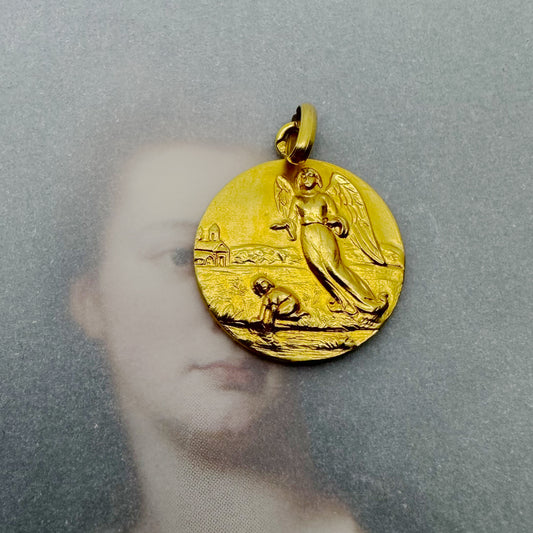 Vintage 19.2k Gold Angel Medal, Portuguese Guardian Pendant, Solid Religious Medal 1950s, Continental Religious Charm, Catholic, Stamped 800
