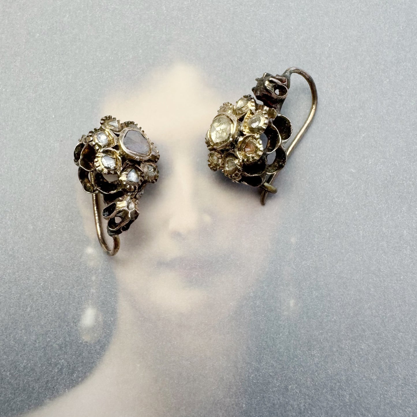 Antique Rose Cut Diamond Earrings,  Late 1700s Early 1800s Silver Cluster Drops, Georgian Era Dainty Jewellery, Old Cut Mine Diamond