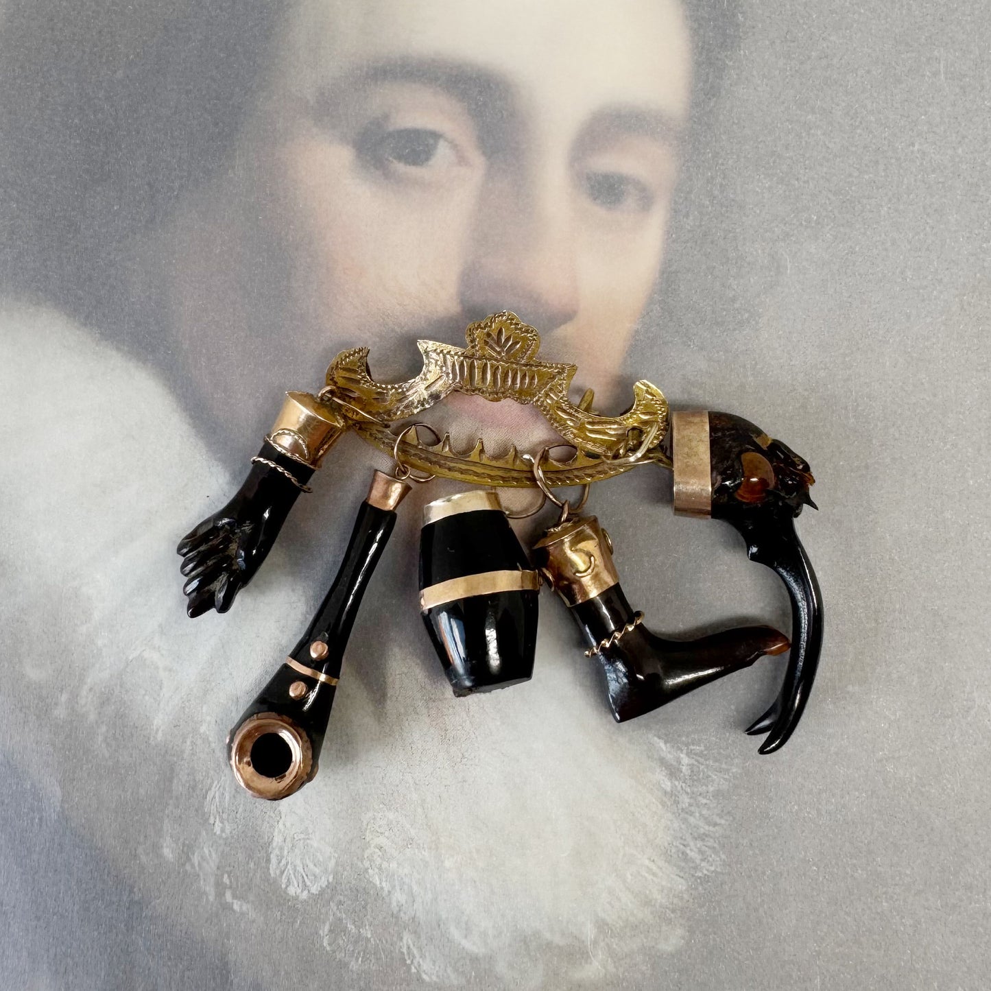 Antique 9k Gold Pin, Late Victorian Penca de Balangandã Brooch, 9ct Gold & Horn Charms, 1800s Colonial Cluster Brooch, Ex Voto Talismans