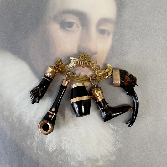 Antique 9k Gold Pin, Late Victorian Penca de Balangandã Brooch, 9ct Gold & Horn Charms, 1800s Colonial Cluster Brooch, Ex Voto Talismans