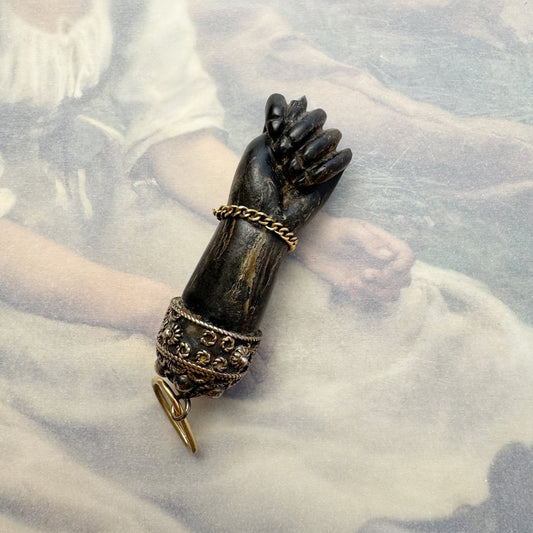 Antique 18k Figa Hand, Victorian Stained Horn Pendant, Large Lucky Charm, 1800s Figa, Mano Fico, Figa Charm, Amulet, Hand Charm, Evil Eye
