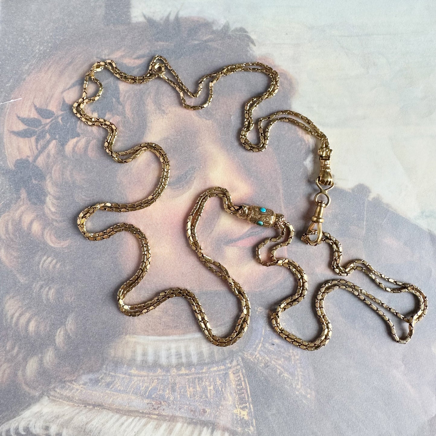 Antique 18k Gold French Guard Chain, Georgian to Early Victorian, Turquoise Slide, Fist Clasp, 18 ct Gold Rare Delicate 19.0 Grams Necklace
