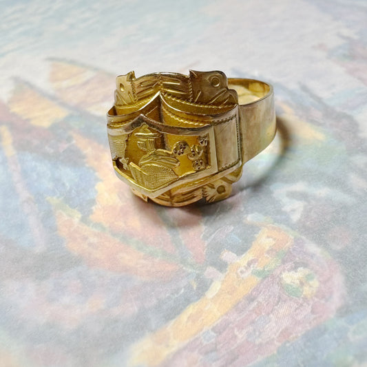Vintage 18k Gold Storyteller Band Ring, 1940s Peruvian Silhouette, Antique Layered Gold Ring, Unique Profile Design, Solid Gold Statement Piece