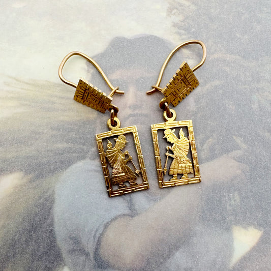 Antique 18k Gold Dangle Earrings, Rare Ethnic Design, South American Culture Unique Vintage Jewellery Gift, Andean, Pre-Columbian Style